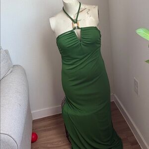Zara Large Strapless Green Halter-Detail Maxi Dress
